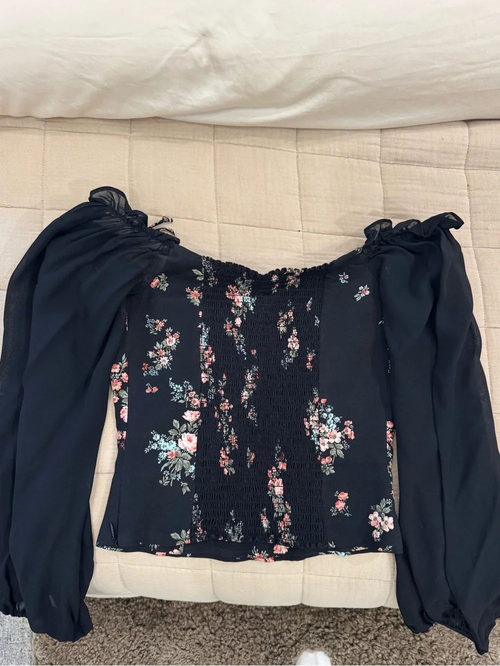Reformation Floral Off-Shoulder Black Peasant Top